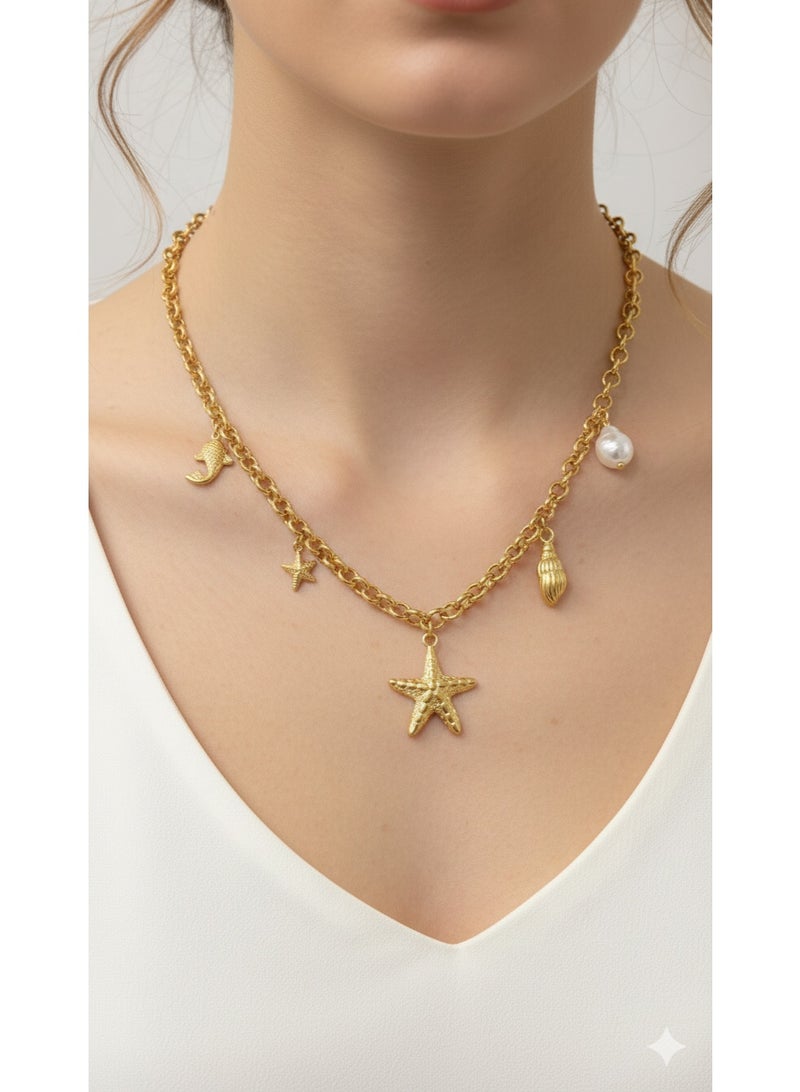 ورد سلسلة ذهبية ستانلس ستيل بتصميم صيفي (نجمة البحر وقوقعة) - مقاومة للصدأ - Image 3